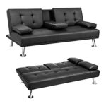 WOODZ Sofa Bed -Leather Couch Bed- Modern Convertible Folding Recliner with 2 Cup Holders for Living Room (Black)