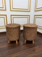 WOODZ Puffy Wooden Round Ottoman Stool (PAIR) - Velvet/Towel - Image 2