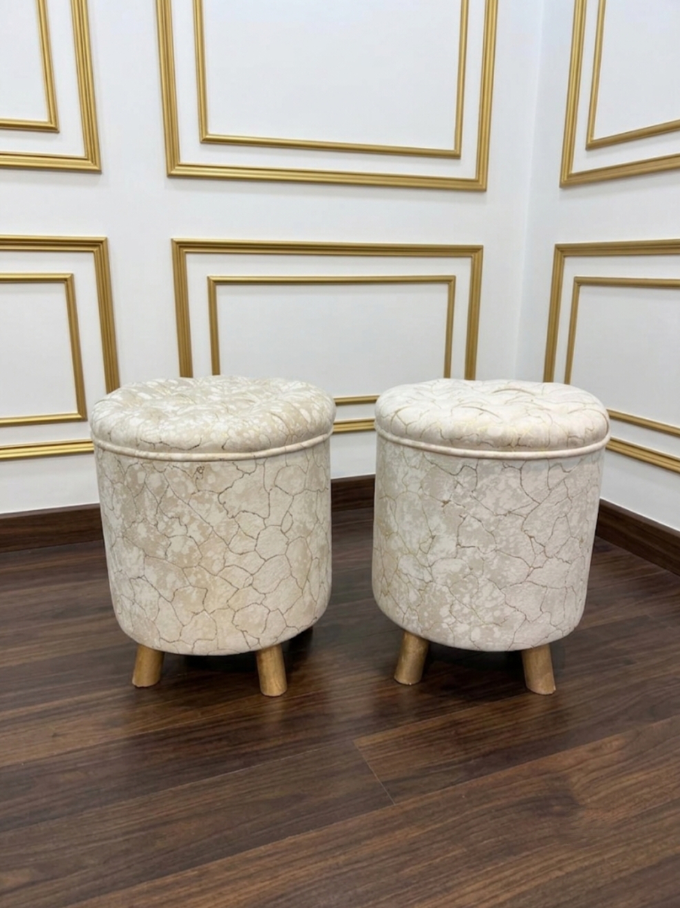 2 WOODZ Puffy Wooden Round Ottoman Stool (PAIR) - Velvet/Towel - Image 1