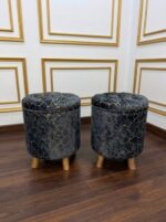 WOODZ Puffy Wooden Round Ottoman Stool (PAIR) - Velvet/Towel - Image 3