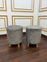 WOODZ Puffy Wooden Round Ottoman Stool (PAIR) - Velvet/Towel - Image 6
