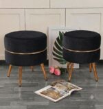 WOODZ Puffy Round Ottoman Stool (PAIR) Velvet/Towel - Golden Legs - Image 4