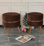 WOODZ Puffy Round Ottoman Stool (PAIR) Velvet/Towel - Golden Legs - Image 6