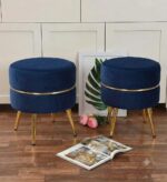 WOODZ Puffy Round Ottoman Stool (PAIR) Velvet/Towel - Golden Legs - Image 2