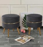 WOODZ Puffy Round Ottoman Stool (PAIR) Velvet/Towel - Golden Legs - Image 3