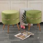 WOODZ Puffy Round Ottoman Stool (PAIR) Velvet/Towel - Golden Legs - Image 7