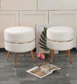 WOODZ Puffy Round Ottoman Stool (PAIR) Velvet/Towel - Golden Legs - Image 5