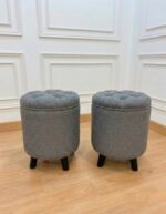 WOODZ Puffy Wooden Round Ottoman Stool (PAIR) Velvet/Towel - Image 3