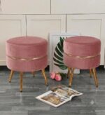 WOODZ Puffy Round Ottoman Stool (PAIR) Velvet/Towel - Golden Legs
